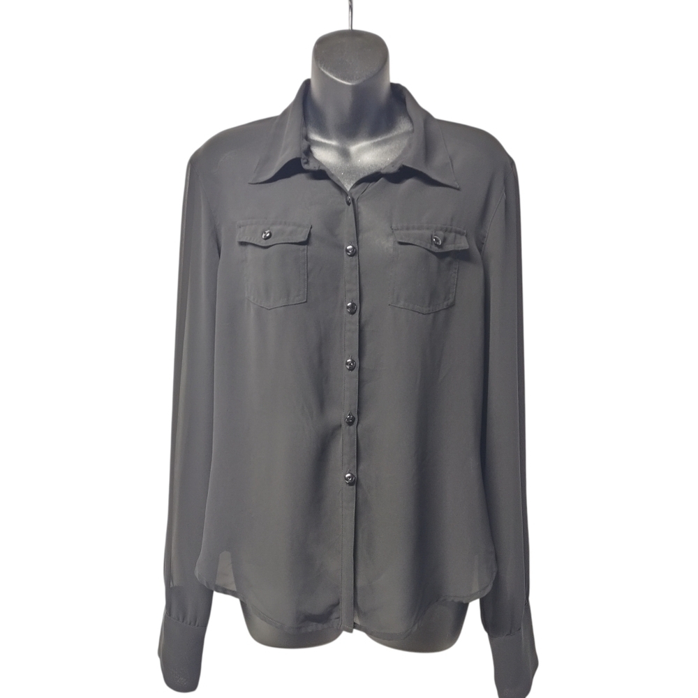 Harley-Davidson Womens L Black Sheer Button-Up Blouse Rhinestone Eagle Sheer Top - Picture 1 of 8